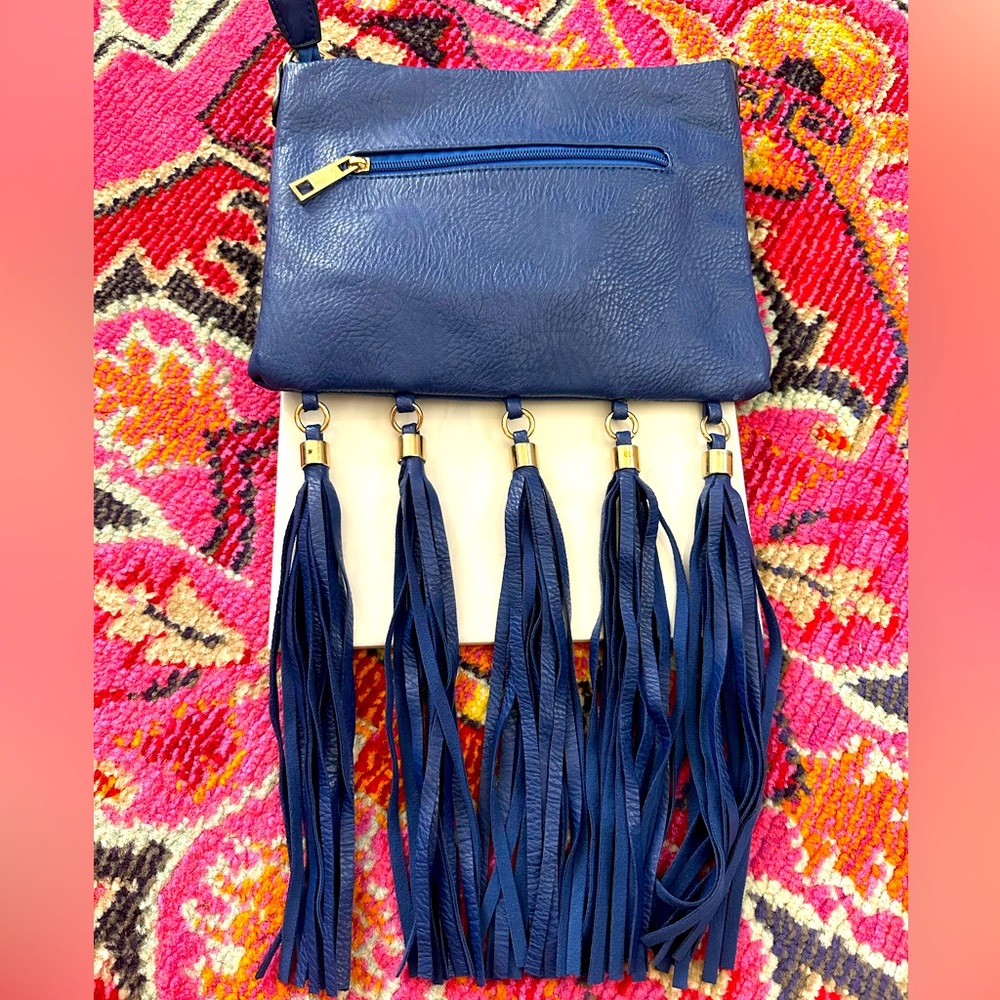 Blue Faux Leather Tassel Cross Body Purse